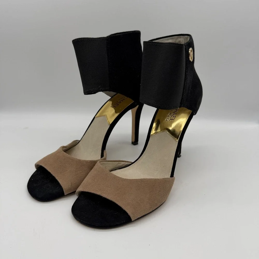 Michael Kors Sivian Black Tan Suede Ankle Strap d'Orsay Bootie Heels Womens 9.5M